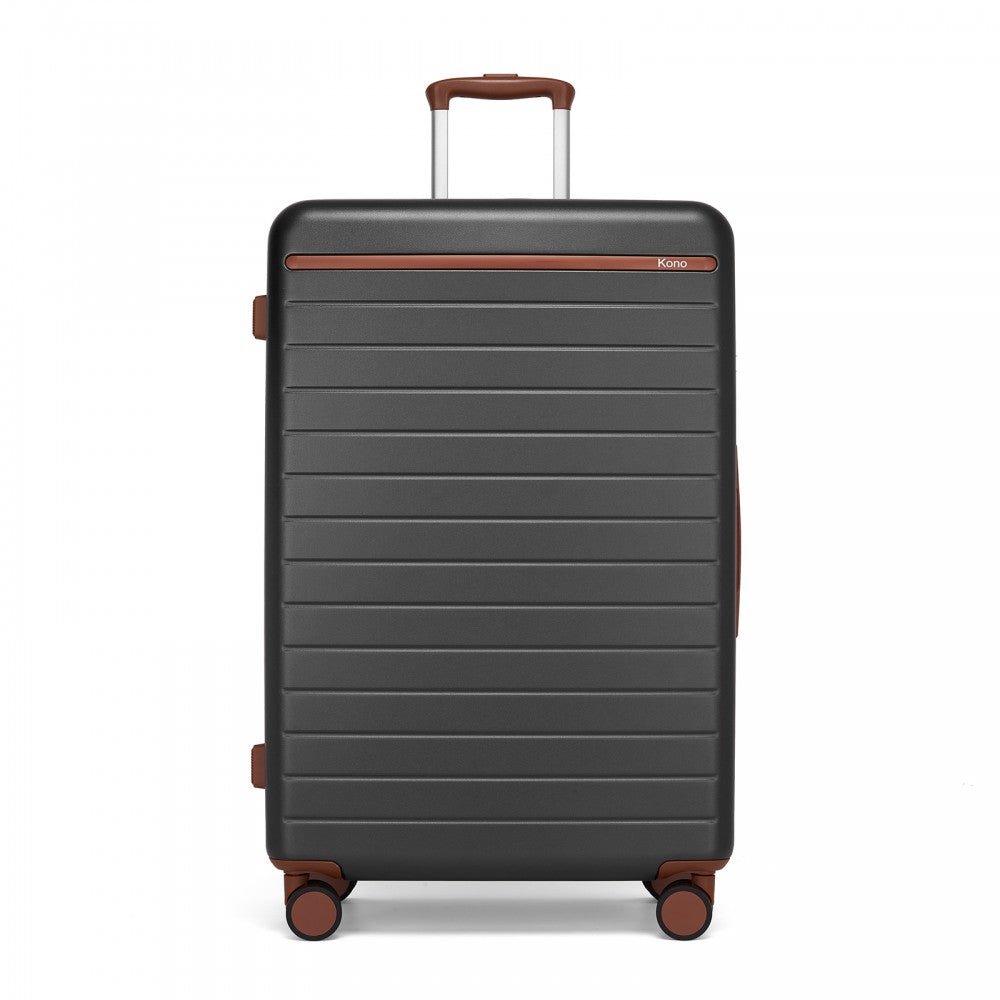 Scratch-Resistant Large Hard Shell Suitcase with Horizontal Stripe Design, Brown Accents – 28-Inch – Grey and Brown