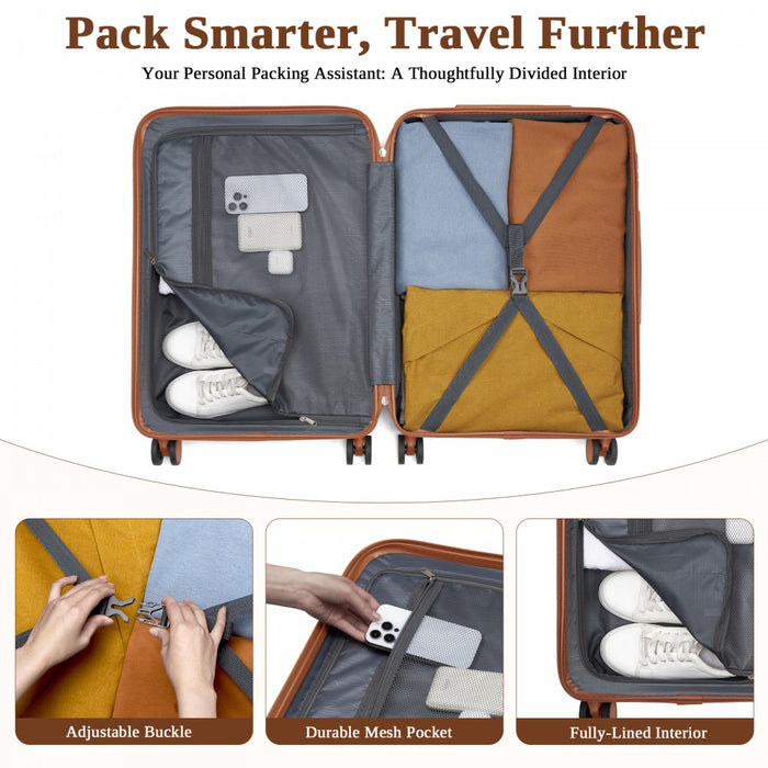 3-Piece Scratch-Resistant Hard Shell Luggage Set with Horizontal Stripe Design, Brown Accents – Grey and Brown