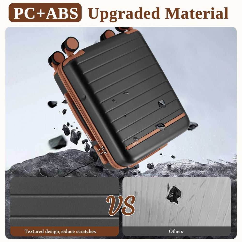 Scratch-Resistant Hard Shell Cabin Suitcase with Horizontal Stripe Design, Brown Accents – 20-Inch – Grey and Brown