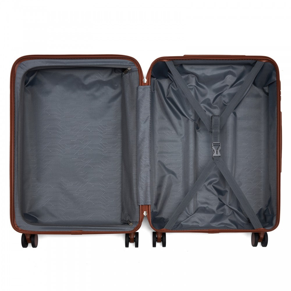 KSK2584 - Kono Scratch-Resistant 24-Inch Hard Shell Medium Check-In Suitcase with Horizontal Stripe Design, Brown Accents & Spinner Wheels - Grey and Brown