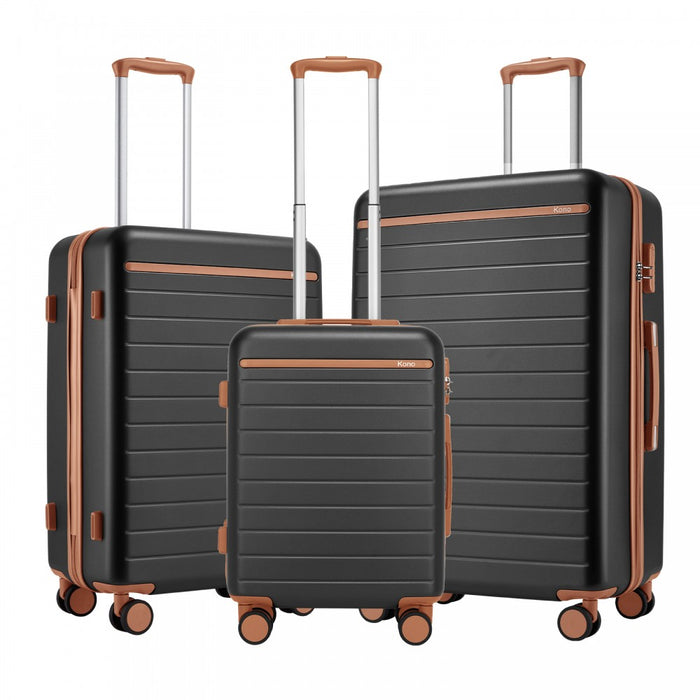 3-Piece Scratch-Resistant Hard Shell Luggage Set with Horizontal Stripe Design, Brown Accents – Grey and Brown