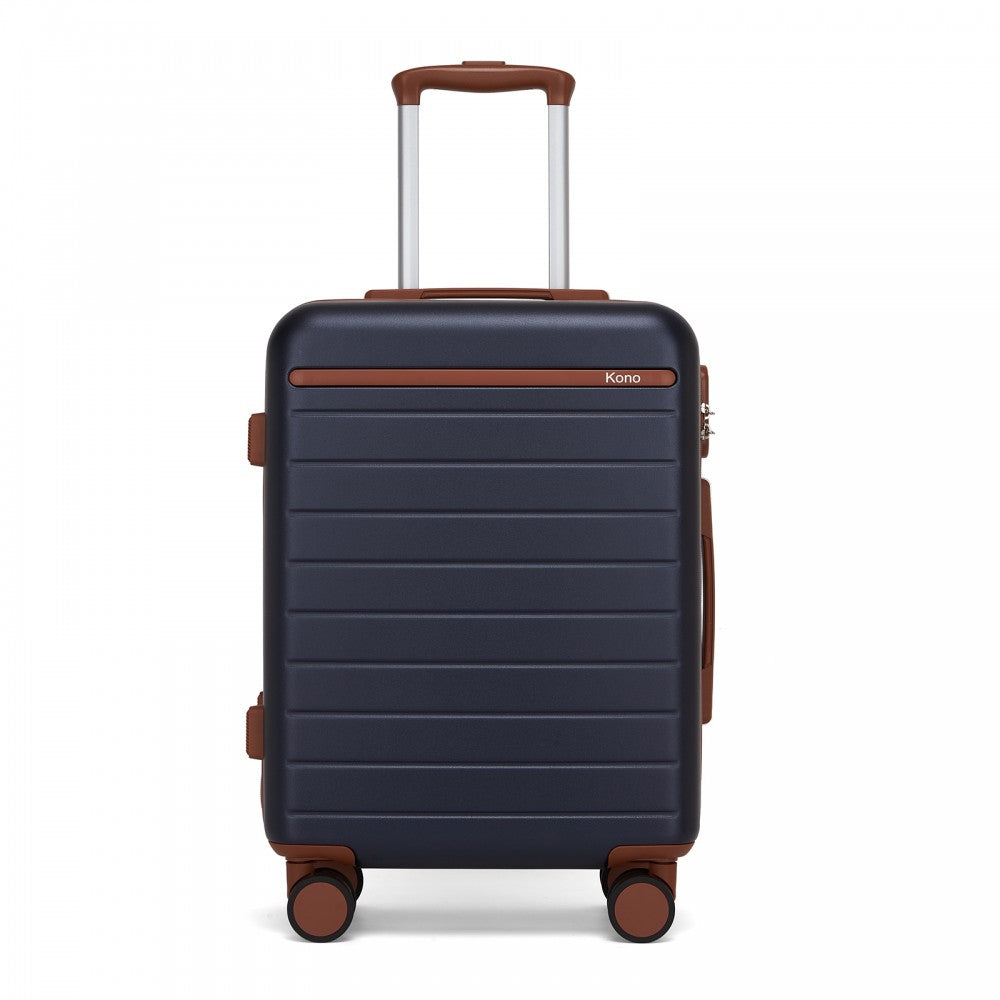 Scratch-Resistant Hard Shell Cabin Suitcase with Horizontal Stripe Design, Brown Accents – 20-Inch – Navy and Brown