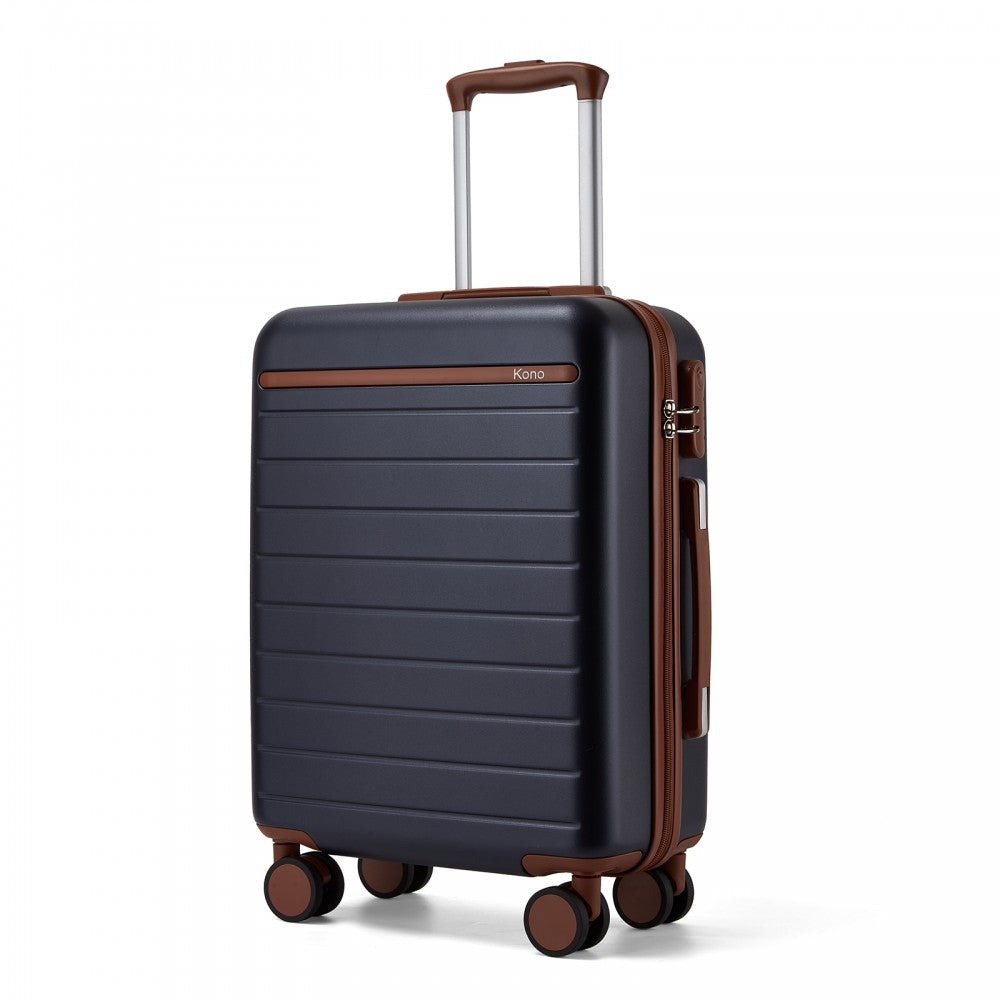 Scratch-Resistant Hard Shell Cabin Suitcase with Horizontal Stripe Design, Brown Accents – 20-Inch – Navy and Brown