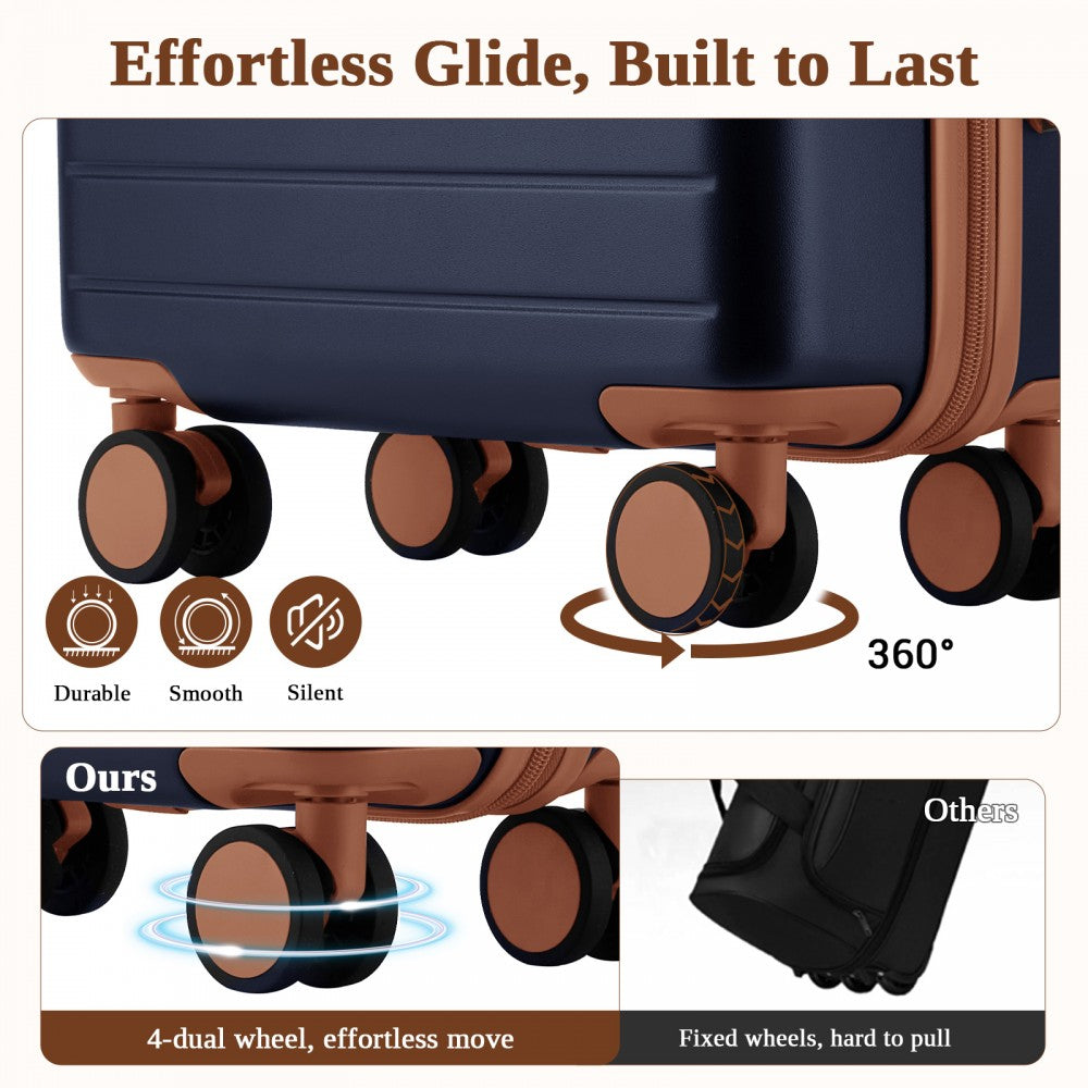 Scratch-Resistant Hard Shell Cabin Suitcase with Horizontal Stripe Design, Brown Accents – 20-Inch – Navy and Brown