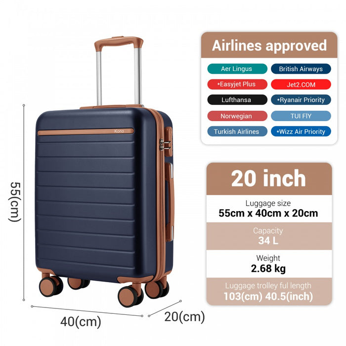 Scratch-Resistant Hard Shell Cabin Suitcase with Horizontal Stripe Design, Brown Accents – 20-Inch – Navy and Brown
