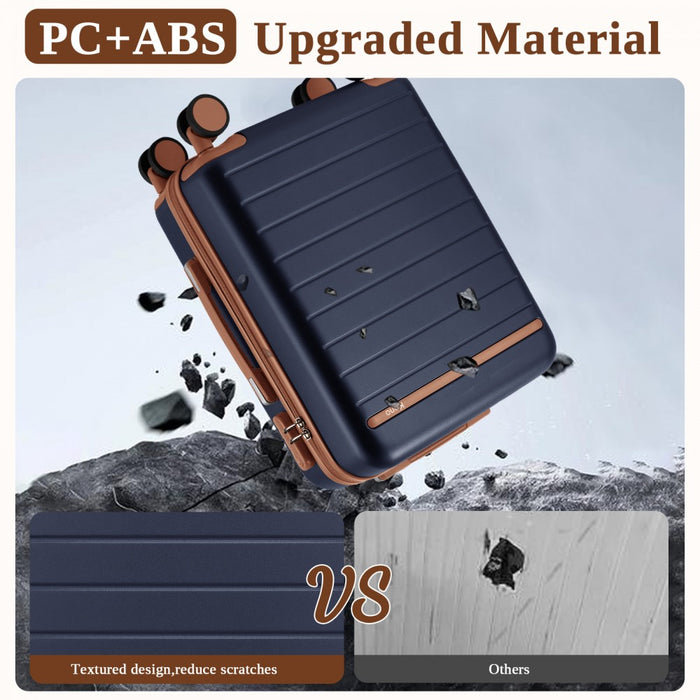 Scratch-Resistant Hard Shell Cabin Suitcase with Horizontal Stripe Design, Brown Accents – 20-Inch – Navy and Brown