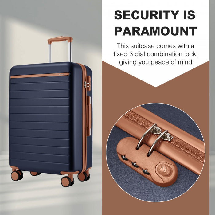 Scratch-Resistant Hard Shell Cabin Suitcase with Horizontal Stripe Design, Brown Accents – 20-Inch – Navy and Brown