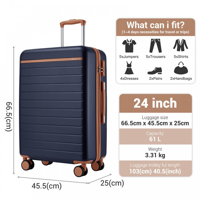 KSK2584 - Kono Scratch-Resistant 24-Inch Hard Shell Medium Check-In Suitcase with Horizontal Stripe Design, Brown Accents & Spinner Wheels - Navy and Brown