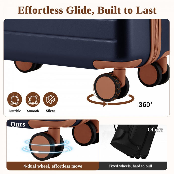 KSK2584 - Kono Scratch-Resistant 24-Inch Hard Shell Medium Check-In Suitcase with Horizontal Stripe Design, Brown Accents & Spinner Wheels - Navy and Brown
