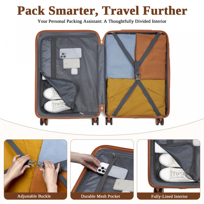 KSK2584 - Kono Scratch-Resistant 24-Inch Hard Shell Medium Check-In Suitcase with Horizontal Stripe Design, Brown Accents & Spinner Wheels - Navy and Brown