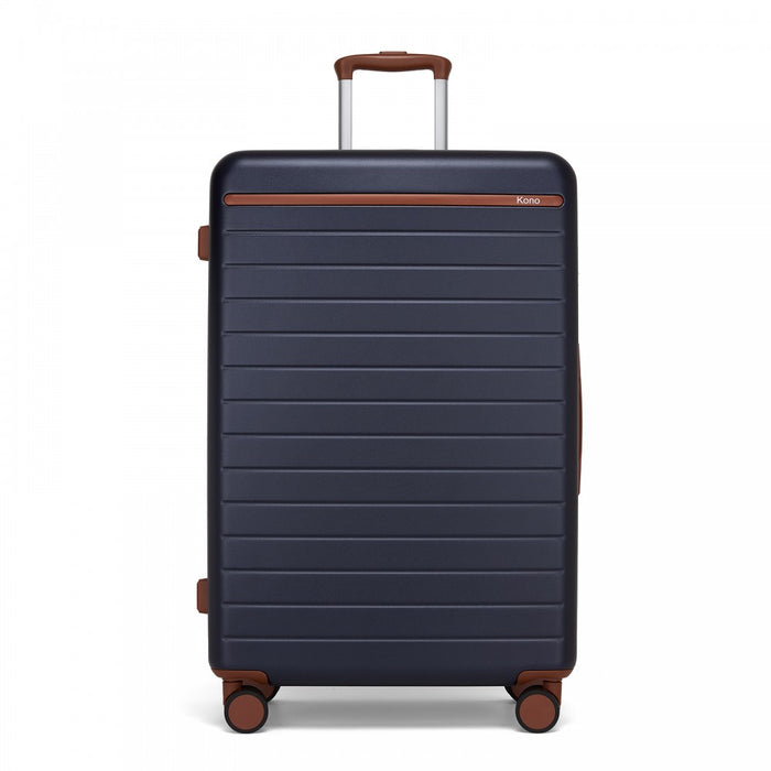 Scratch-Resistant Large Hard Shell Suitcase with Horizontal Stripe Design, Brown Accents – 28-Inch – Navy and Brown