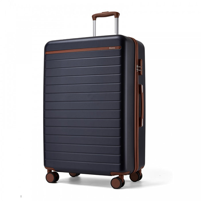 Scratch-Resistant Large Hard Shell Suitcase with Horizontal Stripe Design, Brown Accents – 28-Inch – Navy and Brown