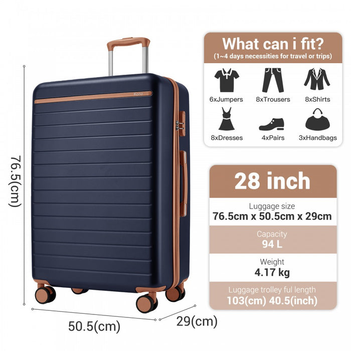 Scratch-Resistant Large Hard Shell Suitcase with Horizontal Stripe Design, Brown Accents – 28-Inch – Navy and Brown