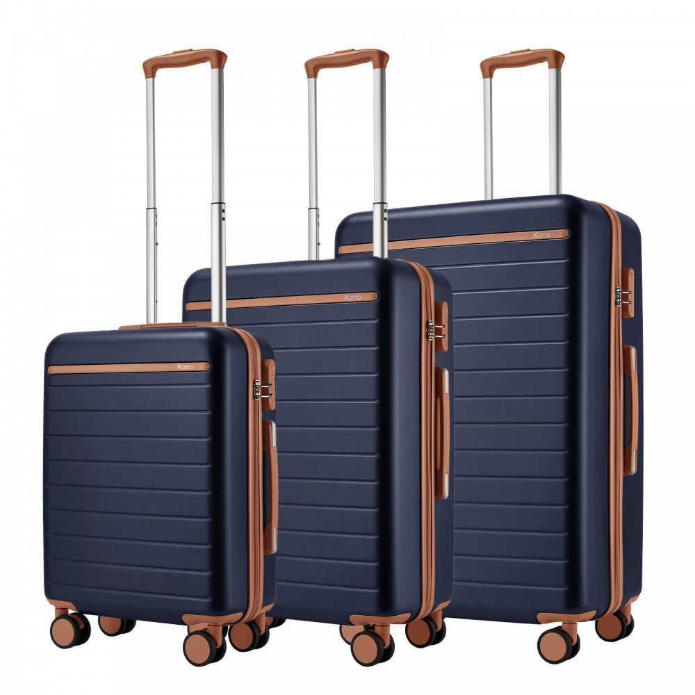 3-Piece Scratch-Resistant Hard Shell Luggage Set with Horizontal Stripe Design, Brown Accents – Navy and Brown