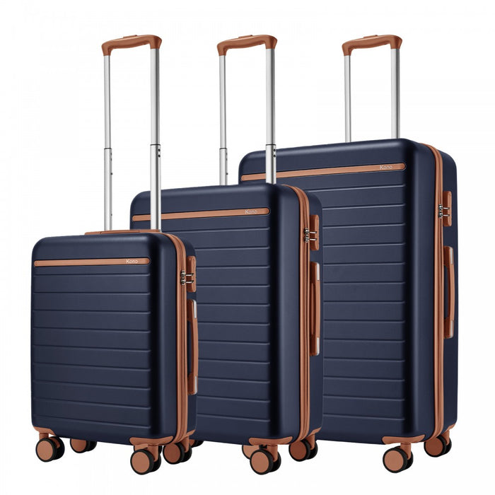 3-Piece Scratch-Resistant Hard Shell Luggage Set with Horizontal Stripe Design, Brown Accents – Navy and Brown