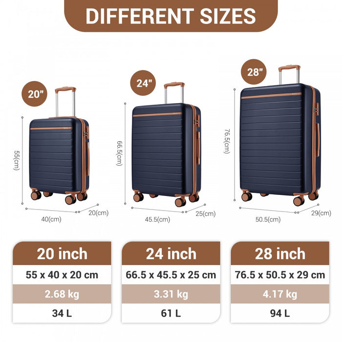 3-Piece Scratch-Resistant Hard Shell Luggage Set with Horizontal Stripe Design, Brown Accents – Navy and Brown