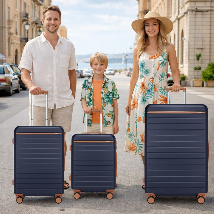 3-Piece Scratch-Resistant Hard Shell Luggage Set with Horizontal Stripe Design, Brown Accents – Navy and Brown