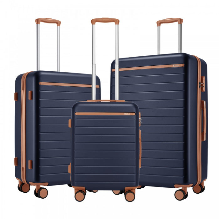 3-Piece Scratch-Resistant Hard Shell Luggage Set with Horizontal Stripe Design, Brown Accents – Navy and Brown
