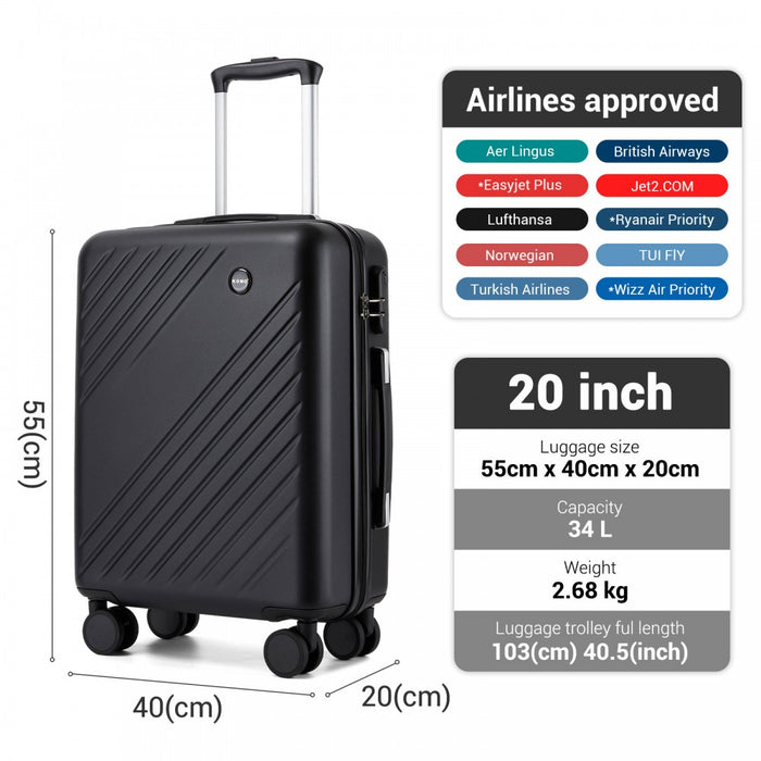 ABS+PC Hard Shell Diagonal Stripe Carry-On Luggage with Organised Interior – 20-Inch – Black