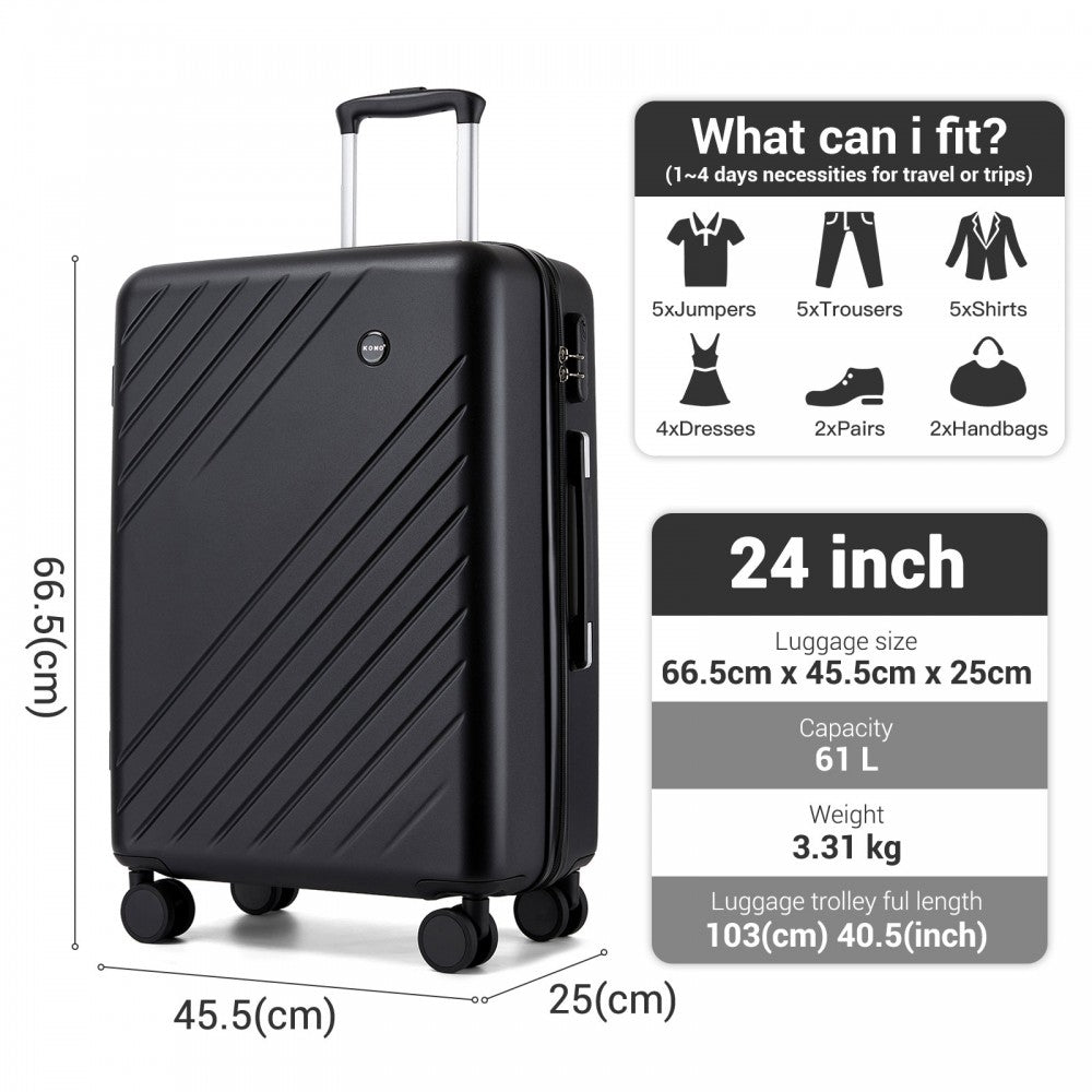 Medium ABS+PC Hard Shell Modern Diagonal Stripe Checked Luggage – 24-Inch – Black