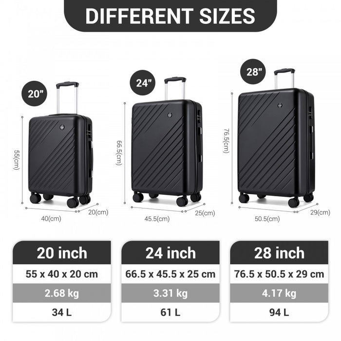 3-Piece ABS+PC Hard Shell Luggage Set with Diagonal Strap, Complete Travel Solution – 20/24/28-Inch – Black