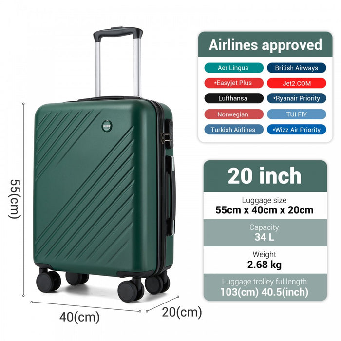ABS+PC Hard Shell Diagonal Stripe Carry-On Luggage with Organised Interior – 20-Inch – Green