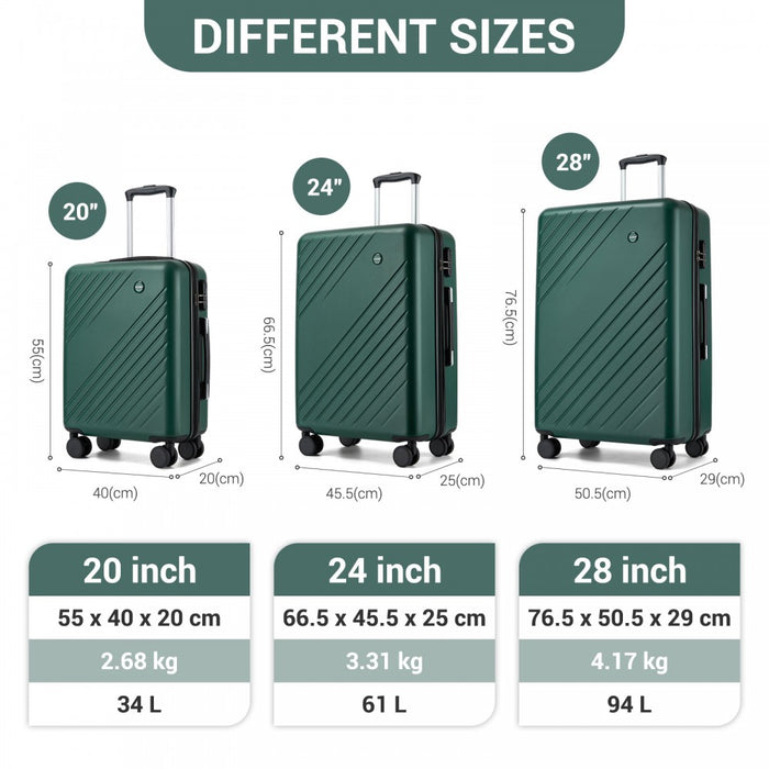 3-Piece ABS+PC Hard Shell Luggage Set with Diagonal Strap, Complete Travel Solution – 20/24/28-Inch – Green