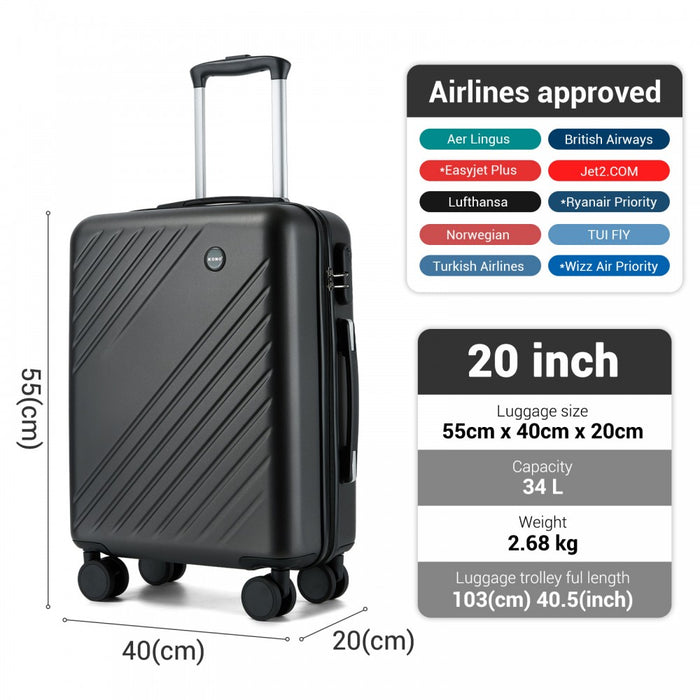 ABS+PC Hard Shell Diagonal Stripe Carry-On Luggage with Organised Interior – 20-Inch – Grey