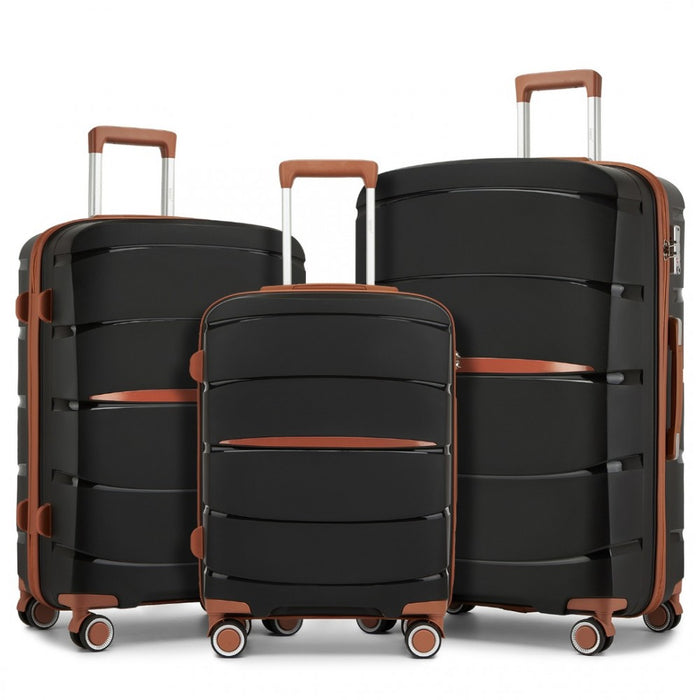 PP Modern Scratch-Resistant Suitcase Set with Brown Accents – 20/24/28-Inch – Black and Brown