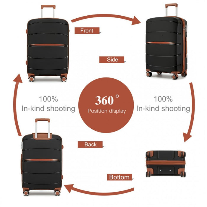 PP Modern Scratch-Resistant Suitcase Set with Brown Accents – 20/24/28-Inch – Black and Brown