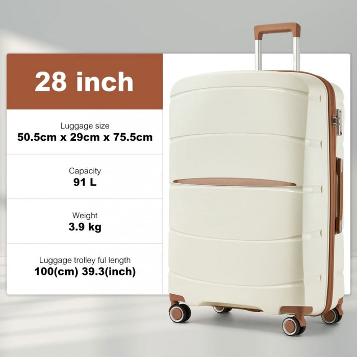 PP Modern Scratch-Resistant Large Suitcase with Brown Accents – 28-Inch – Cream and Brown