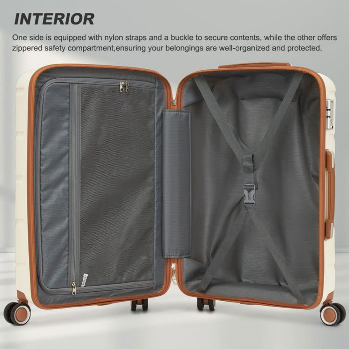 PP Modern Scratch-Resistant Suitcase Set with Brown Accents – 20/24/28-Inch – Cream and Brown