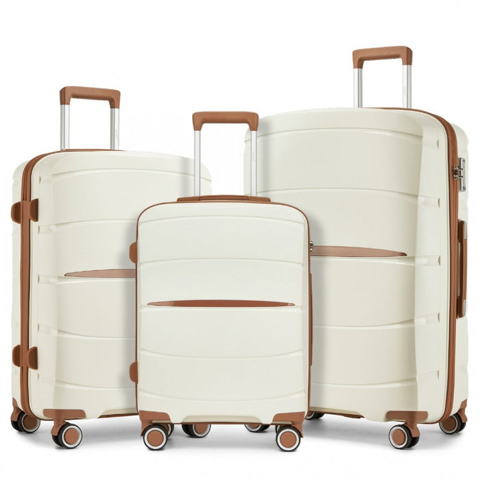 PP Modern Scratch-Resistant Suitcase Set with Brown Accents – 20/24/28-Inch – Cream and Brown