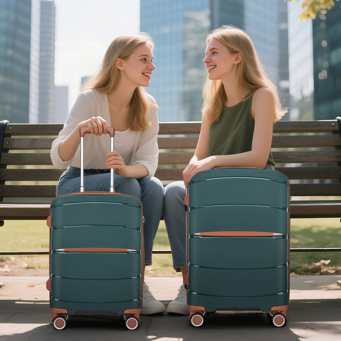 PP Modern Scratch-Resistant Suitcase Set with Brown Accents – 20/24/28-Inch – Green and Brown