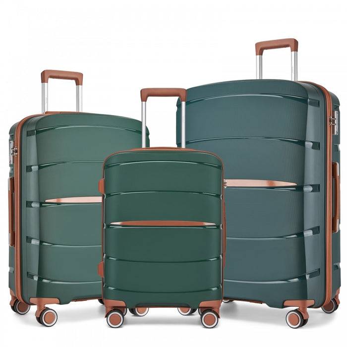PP Modern Scratch-Resistant Suitcase Set with Brown Accents – 20/24/28-Inch – Green and Brown
