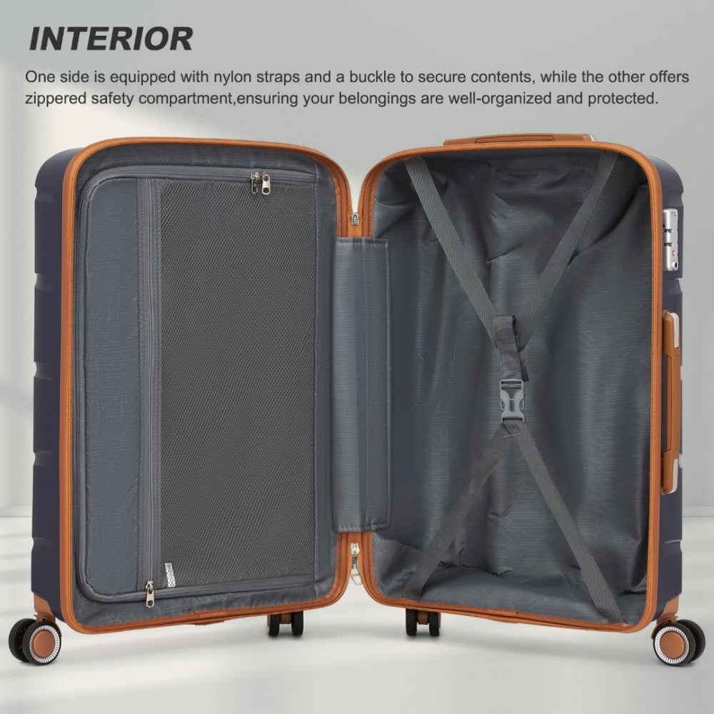 PP Modern Scratch-Resistant Large Suitcase with Brown Accents – 28-Inch – Navy and Brown