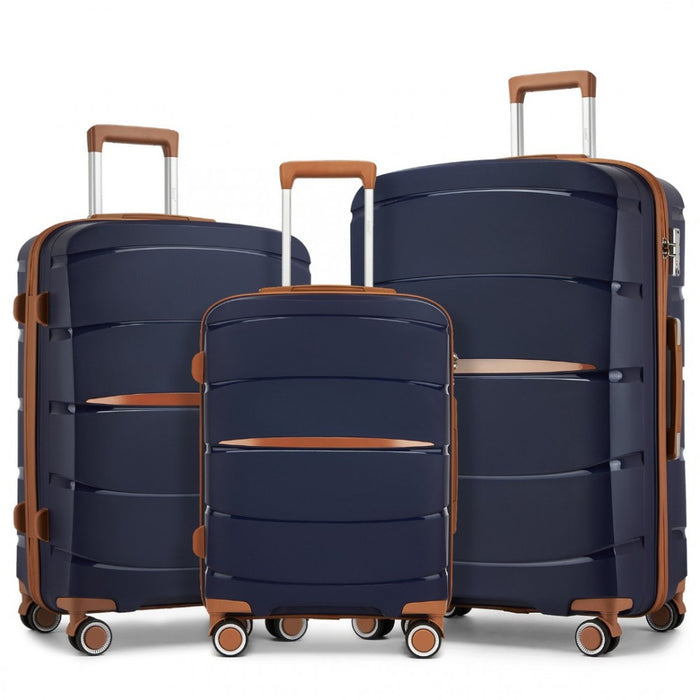 PP Modern Scratch-Resistant Suitcase Set with Brown Accents – 20/24/28-Inch – Navy and Brown