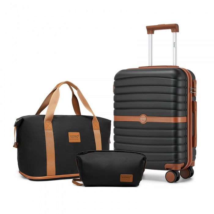 ABS+PC Hard Shell Cabin Suitcase Set with Travel Bag and Toiletry Pouch – 20-Inch – Black and Brown