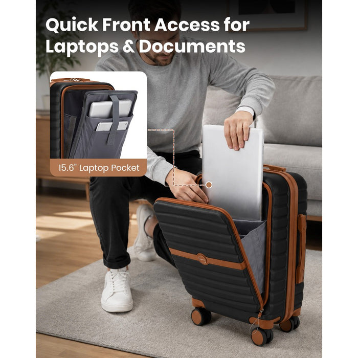 Front-Opening Cabin Suitcase with 15.6-Inch Laptop Compartment – 21-Inch – Black and Brown