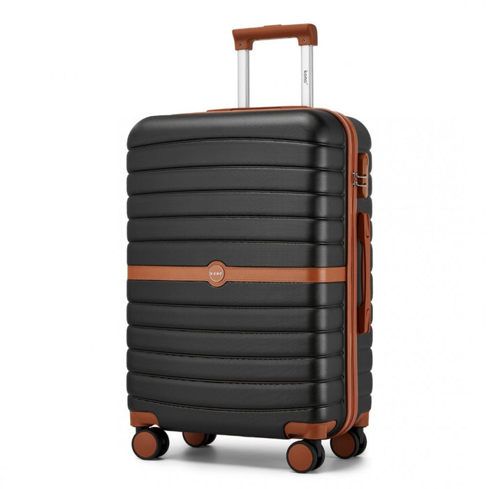 3-Piece Striped Design with Colour-Block Details ABS+PC Hard Shell Luggage Set – Black and Brown