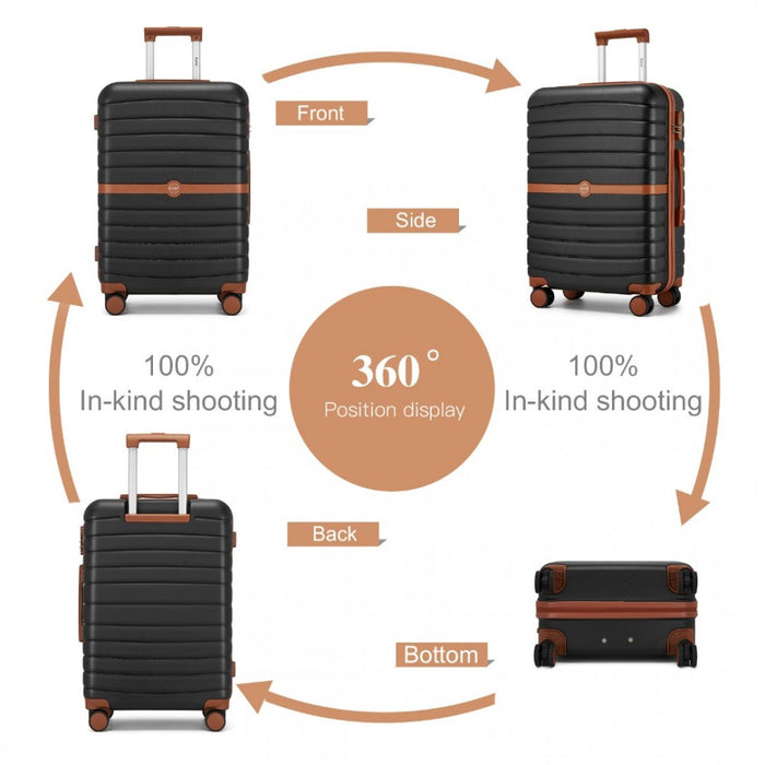 3-Piece Striped Design with Colour-Block Details ABS+PC Hard Shell Luggage Set – Black and Brown