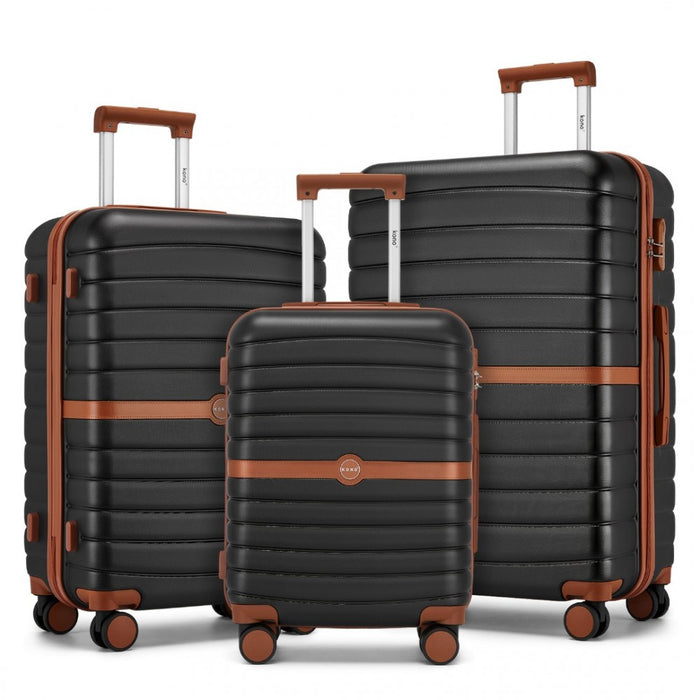3-Piece Striped Design with Colour-Block Details ABS+PC Hard Shell Luggage Set – Black and Brown