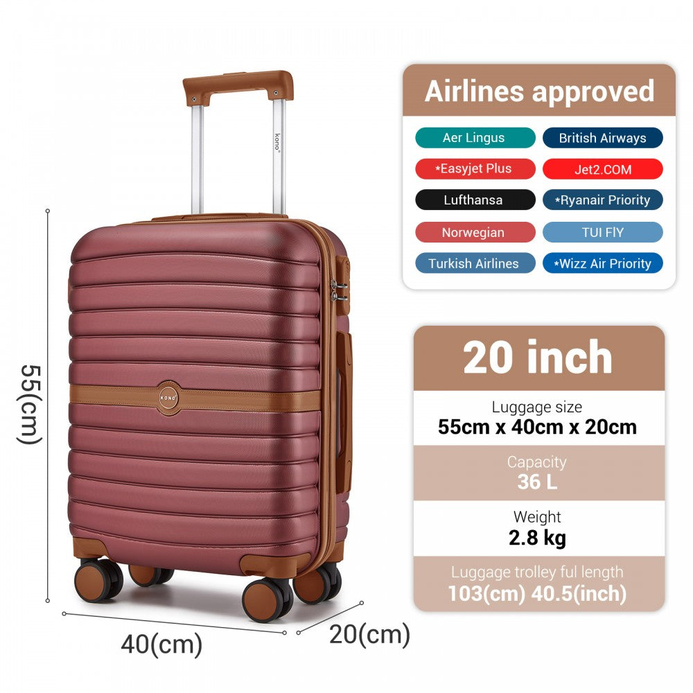 ABS+PC Striped Design with Colour-Block Details Carry-On Cabin Suitcase – 20-Inch – Burgundy and Brown