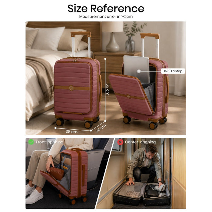 Front-Opening Cabin Suitcase with 15.6-Inch Laptop Compartment – 21-Inch – Burgundy and Brown