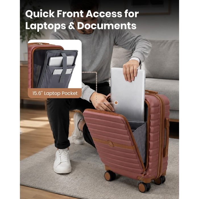 Front-Opening Cabin Suitcase with 15.6-Inch Laptop Compartment – 21-Inch – Burgundy and Brown