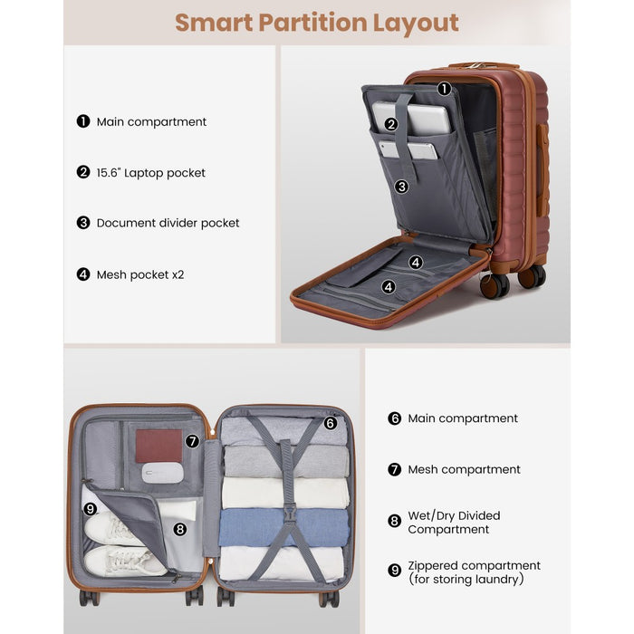 Front-Opening Cabin Suitcase with 15.6-Inch Laptop Compartment – 21-Inch – Burgundy and Brown