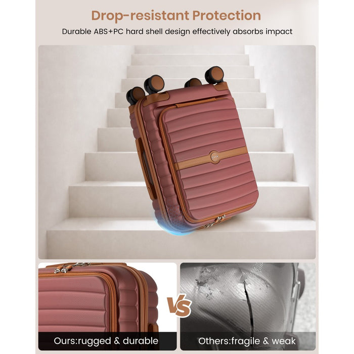 Front-Opening Cabin Suitcase with 15.6-Inch Laptop Compartment – 21-Inch – Burgundy and Brown