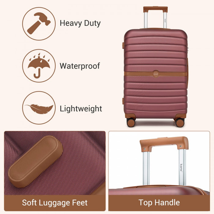 3-Piece Striped Design with Colour-Block Details ABS+PC Hard Shell Luggage Set – Burgundy and Brown