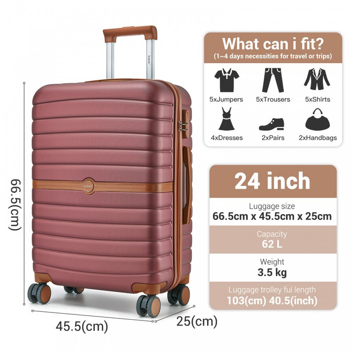 ABS+PC Striped Design with Colour-Block Details Medium Suitcase – 24-Inch – Burgundy and Brown