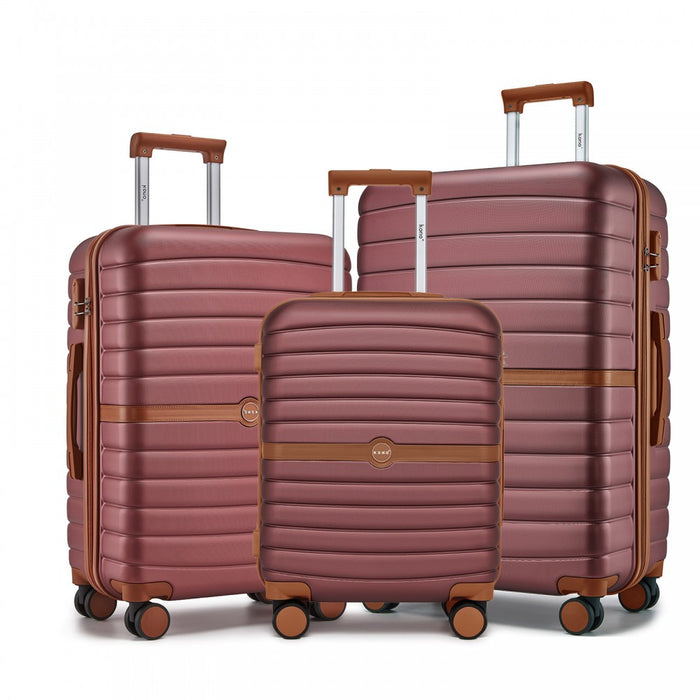 3-Piece Striped Design with Colour-Block Details ABS+PC Hard Shell Luggage Set – Burgundy and Brown
